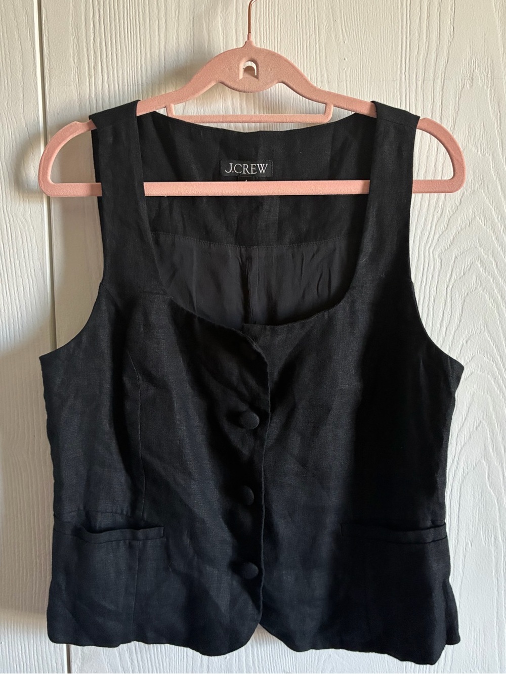 J. Crew Scoop Neck Linen Blend Vest Size 4 Button Front Black